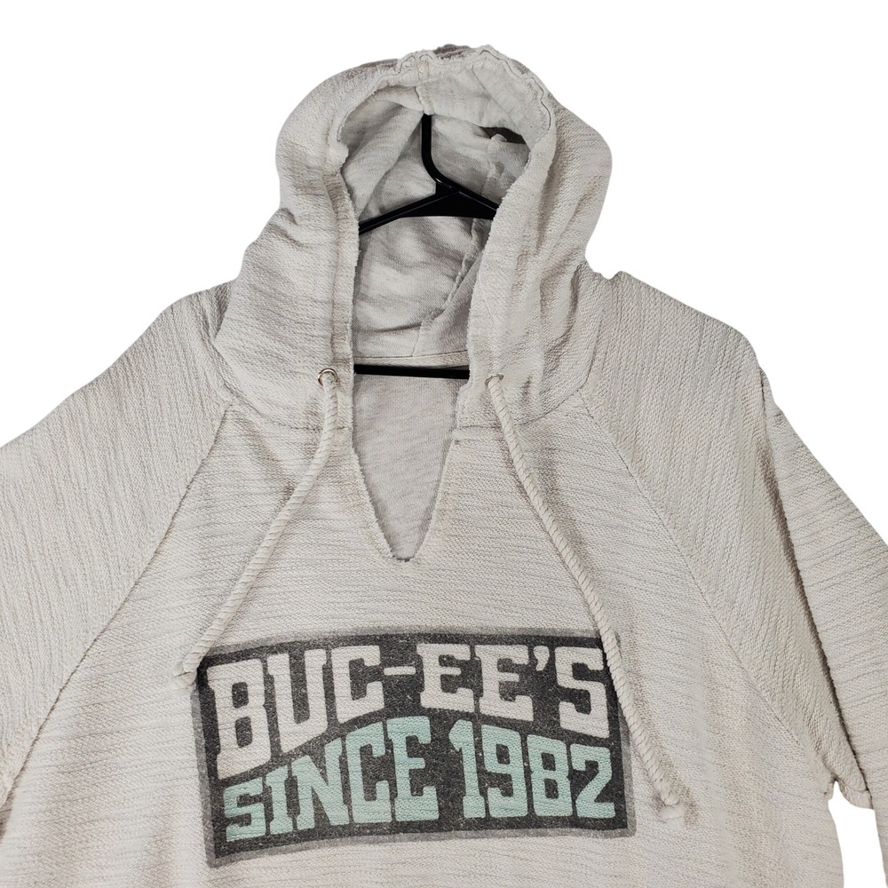 Buc-ee's Since 1982 Graphic Hoodie Gray Textured Knit Frayed Hem XL